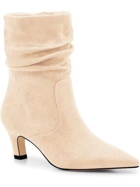 Women's Beige Slouchy Ankle Boots Low Kitten Heel Pointed Toe Booties Fall Shoes